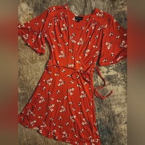 Topshop Red Ditsy Floral Print Short Bell Sleeve Mini Wrap Dress